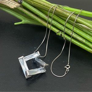 Vintage Sterling Silver Interlocking Square Geometric CZ Pendant 18” Necklace